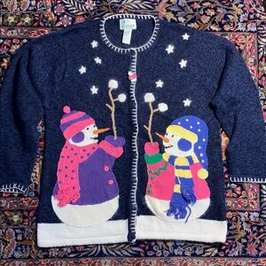 Quacker Factory Blue Winter Snowman Cotton/Angora Blend Cardigan Women’s M